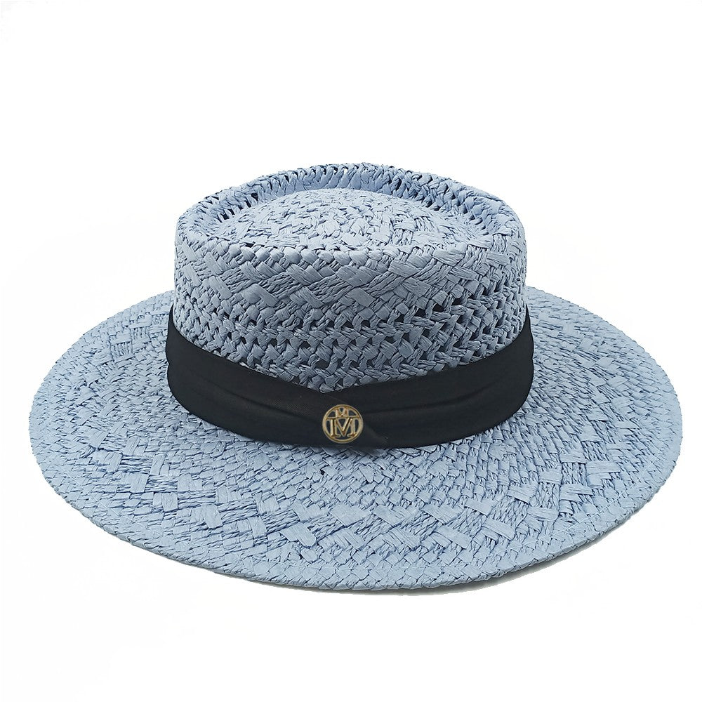 Chapéu de Palha Feminino de Verão Chapéu de Sol Luxuoso Feminino Chapéu de Praia de Proteção Solar da Moda Chapéu Panamá Francês Chapéu Raff de Aba Larga com Topo Abaulado