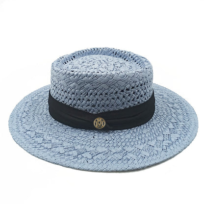 Chapéu de Palha Feminino de Verão Chapéu de Sol Luxuoso Feminino Chapéu de Praia de Proteção Solar da Moda Chapéu Panamá Francês Chapéu Raff de Aba Larga com Topo Abaulado