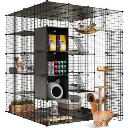 Gaiola Grande Interna com Armazenamento Cubo DIY Gatis Externos Cercados Metálicos com Rede Plataformas para 1-4 Gatos 5 Níveis