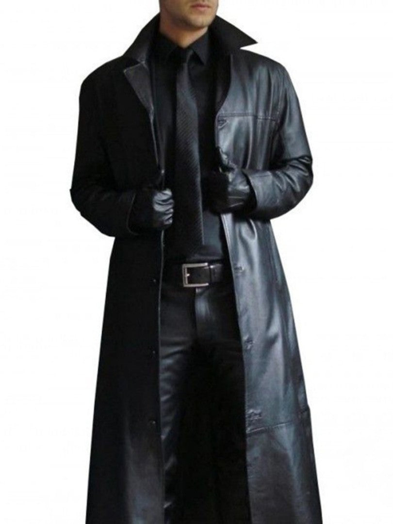 2025 Men Faux Leather Trench Fashion Long Sleeve Autumn Windbreaker Coat Slim Leather Long Leather Jacket Men's Jacket Outwear