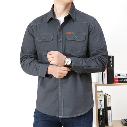 100% Cotton High Quality Spring Fall Fashion Men's Long-Sleeve Solid Color Casual Shirt Multi Pocket 6XL Large Size Cargo Jacket