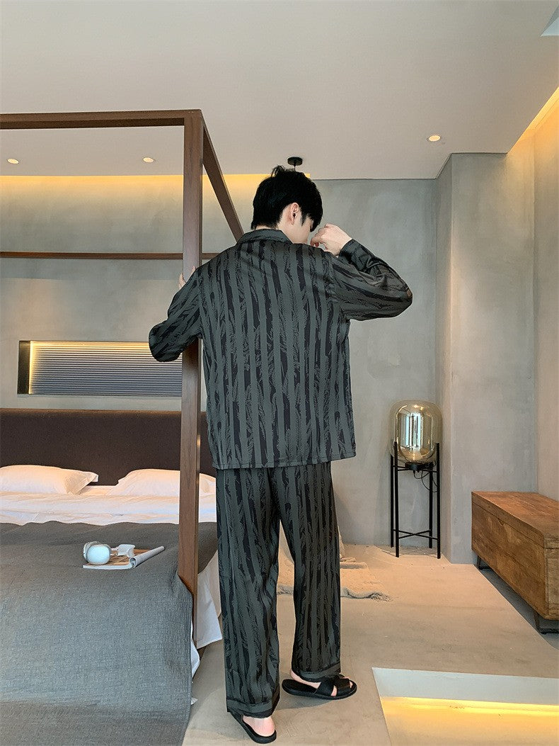 Large Size Ice Silk Men's Sleepwear 2025 New High-End V-Neck Thin Long Sleeved Two-Piece Set for Home Wear Youth Nightwear