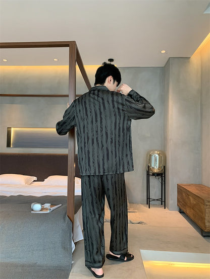 Large Size Ice Silk Men's Sleepwear 2025 New High-End V-Neck Thin Long Sleeved Two-Piece Set for Home Wear Youth Nightwear