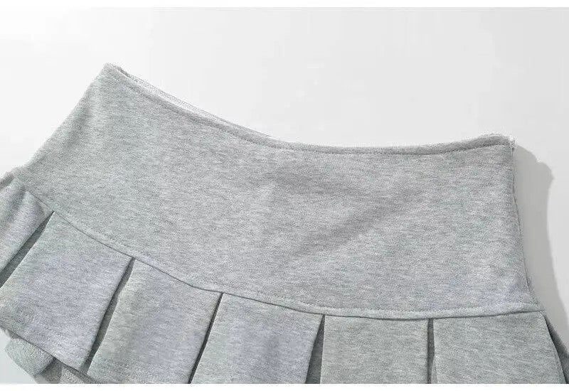Mooyufon Fabric Y2K Mini Skirt Women Low Waist Wide Pleat Light Grey Sexy Vintag