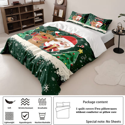 3pcs Santa Claus Christmas Tree Print Coreless Duvet Set Bedroom Dormitory Bedding Decoration Comfortable Machine Washable