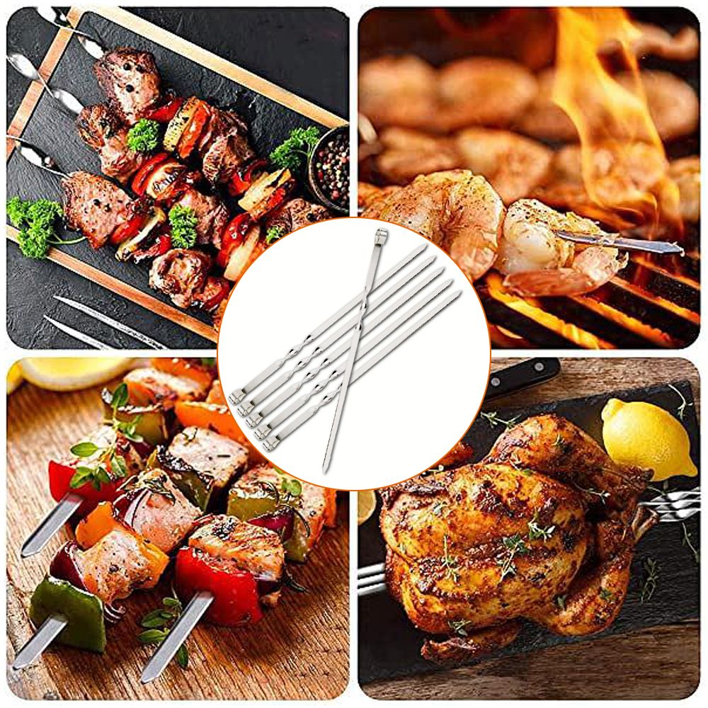 Reusable Grill Sticks Wide BBQ Sticks Stainless Steel Barbecue Skewer Outdoor Camping Picnic 6Pcs Flat BBQ Fork BBQ Utensil