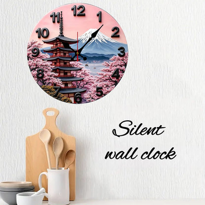 Mount Fuji Design Wooden Round Silent Hanging Wall Clock, Suitable For Living Room, Office, Study Room, Bedroom, Home Decoration