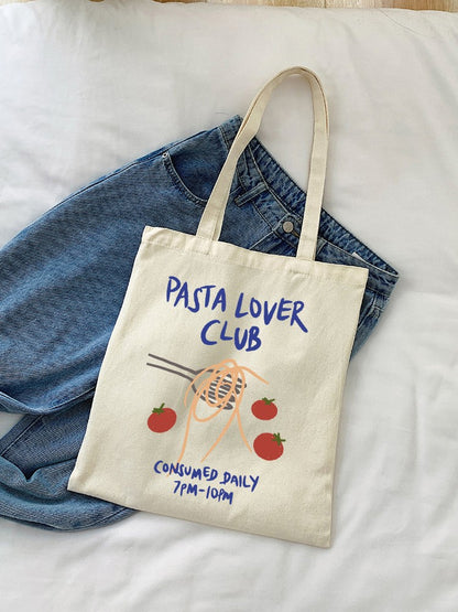 1pcs Pasta Lover Club Artistic Print Canvas Tote Bag Vintage Style Art Bag Luggage Bag Reusable Shoulder Bags