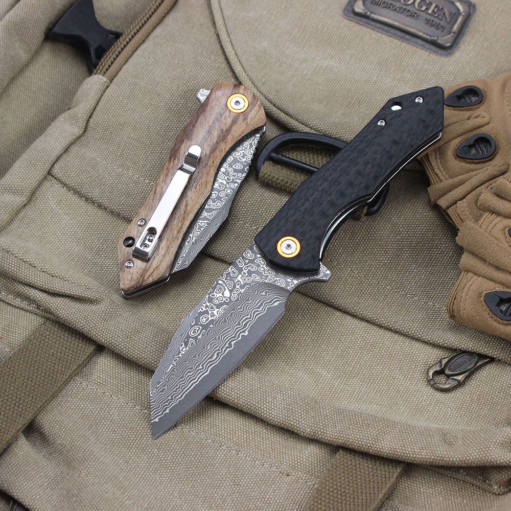 Damascus Pattern Folding Knife Wood Handle Portable Outdoor Self-defense Pocket knife High Hardness EDC Camping Kitchen Knives