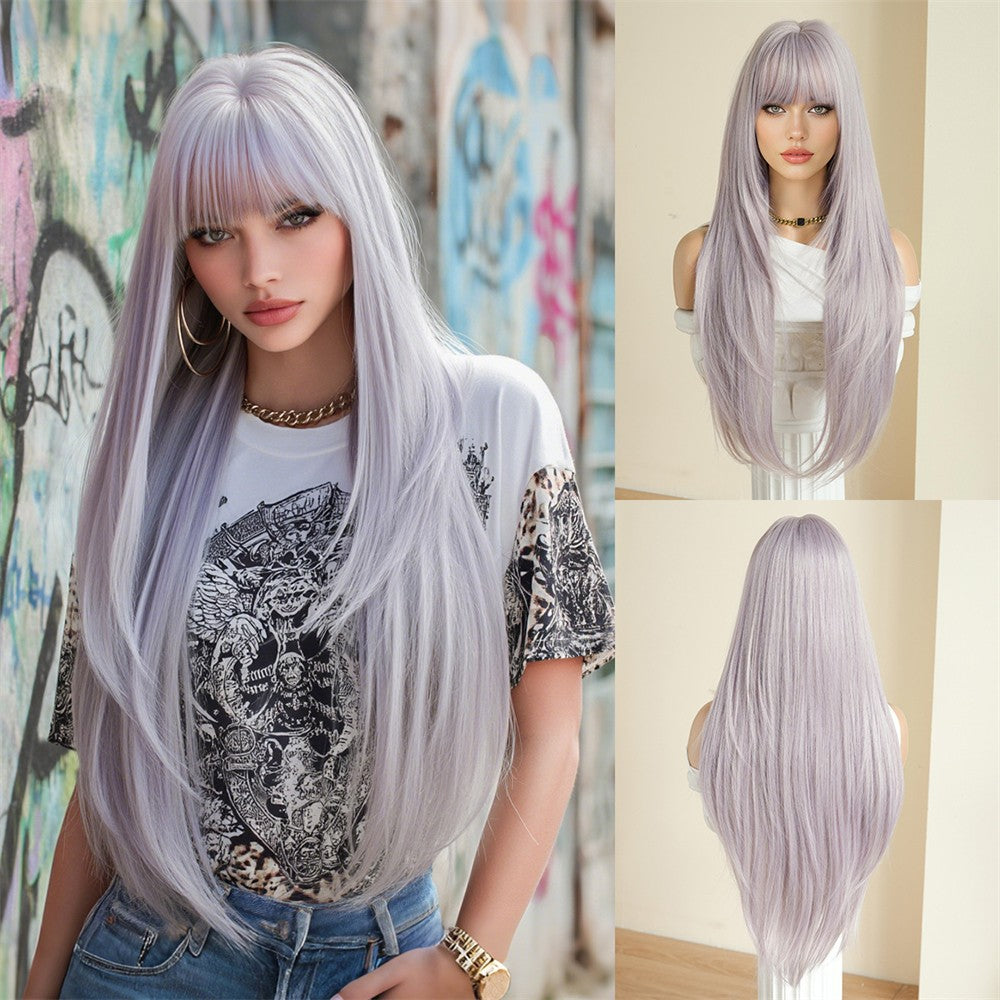 Peruca feminina dourada e branca, moderna com cabelo liso ultralongo, peruca preta completa, com franja e cobertura total da cabeça,