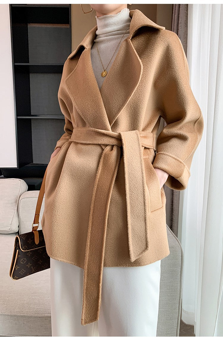 Autumn New Short Double-sided Cashmere Water Ripple Coat Women Turn-down Collar Loose Tempeament Warm Casual wool Jacket Female