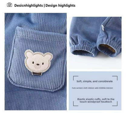 1pcs Boy Girl Winter Velvet Corduroy Kids Pants Little Bear Cartoon Mid Waist Warm Pantalones Baggy Thick Plush Children Trouser