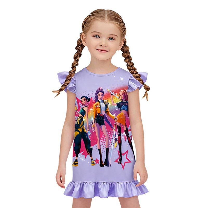 K-POP Demo Hunte Printed Sleeping Skirt Big Butterfly Sleeve Loose Pajamas Children Girls Sleeping Clothing Casual Home Wear