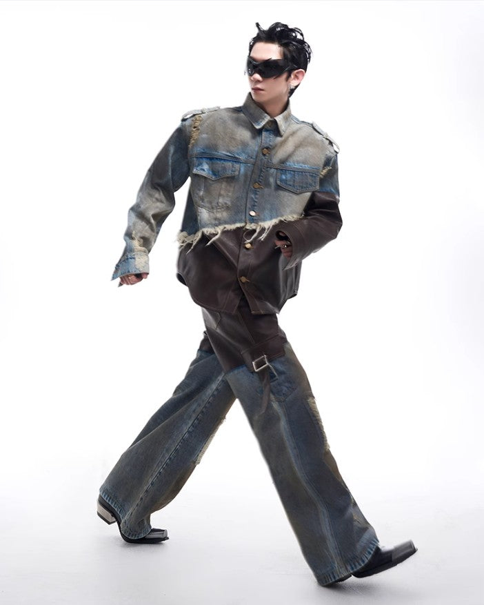 2024 American vintage do old piece-leather destruction denim jacket men fall dirty jacket