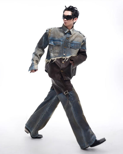 2024 American vintage do old piece-leather destruction denim jacket men fall dirty jacket