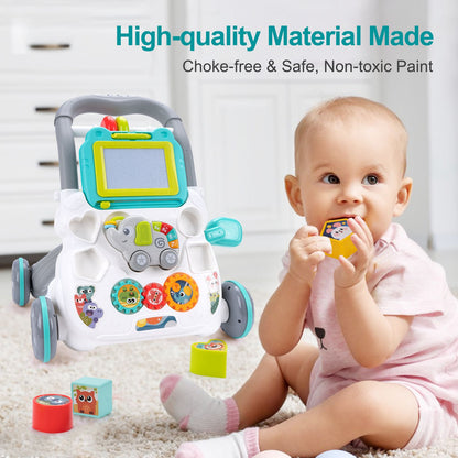 Baby Cartoon Push Walker Toy with Music Drawing Board Multifunction Activity Learning Walk Toddler Walker for 6-15 Months Infant