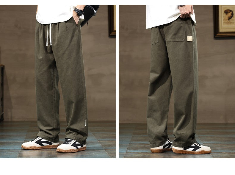 100% Cotton Men's Loose Wide Leg Pants Elastic Waist Fashion ArmyGreen Khaki Korean Streetwear Autumn Straight Trousers