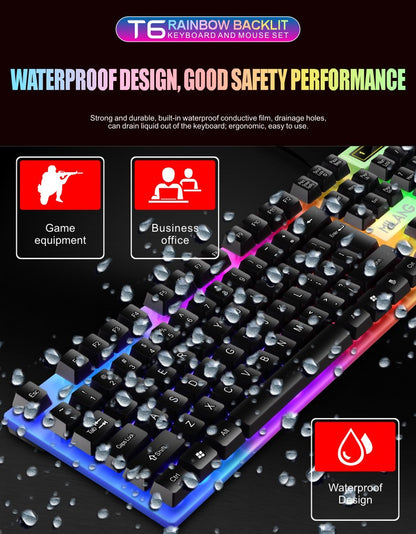 Teclado e Mouse com Fio e Retroiluminação Rainbow, Teclado com Teclas Flutuantes Forte, Resistente ao Desgaste, Sensação Confortável para Escritório Comercial