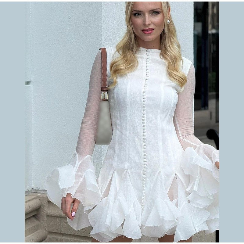 Solid Women Layered Ruffles Midi Dress Fashion Irregular Pleated A-line Long Sle