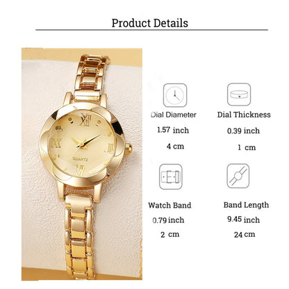 Women's Roman Numeral Gold Quartz Watch 4-Piece Set, Fashionable Quartz Watch Set with Diamond-Studded Bracelet