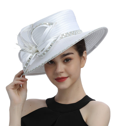 Deluxe New White Church Hat Party Banquet Satin Cloth Photography Hats Premium Chains Formal Hat Flower Top Cap For Women Ladies