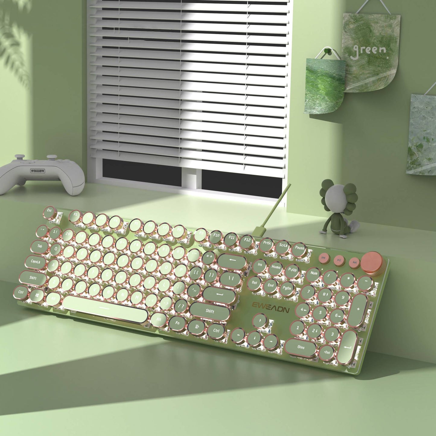 EWEADN V20 Punk Typewriter Teclado Mecânico para Jogos, 104 Teclas Redondas com Retroiluminação LED Branca, Design de Cabo Removível