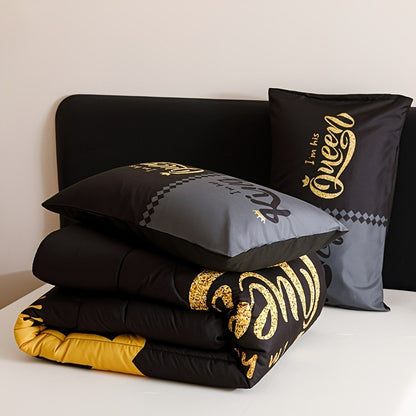 Conjunto de Colcha Grossa Super Macia e Respirável em Preto e Cinza com Letra Coroa (1 Colcha + 2 Fronhas) de 3 Peças