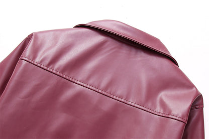 Jaqueta Feminina de Couro Sintético Vermelho Vinho Vintage, Casaco Moderno com Zíper e Lapela, Casacos de Outono Inverno, Blusas Curtas Femininas Estilo Streetwear
