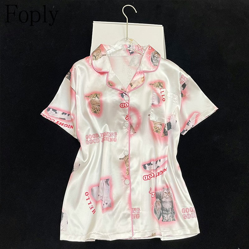 Pyjama Summer New Ladies Sweet Satin Silk Floral Printed Pajamas Set Short Sleeve+Pants Women Ice Silk Cute Homewear Casual Wear