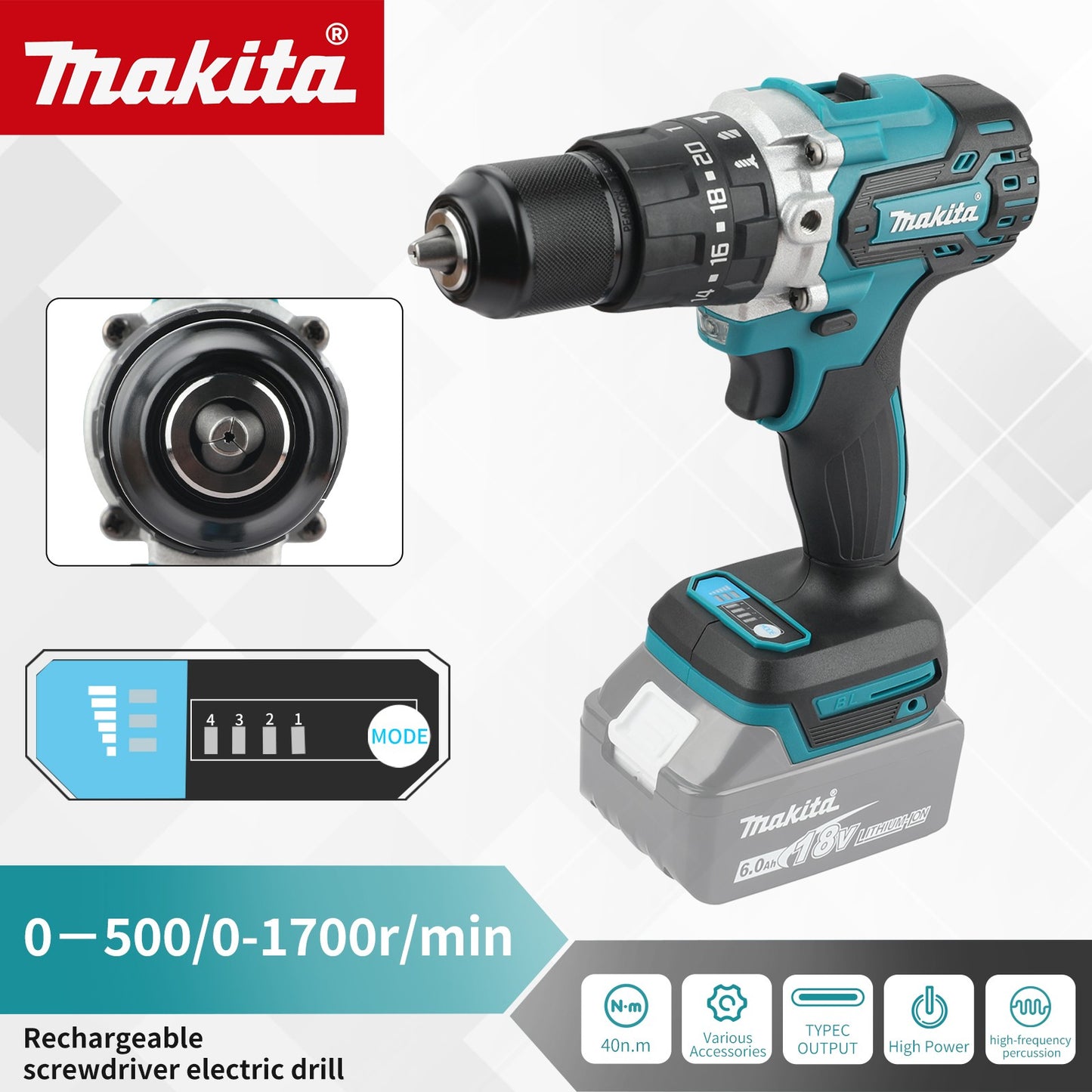 Furadeira Parafusadeira a Bateria 18V DDF487 Makita, Motor Brushless, Ferramenta Elétrica Adequada para Bateria 18V