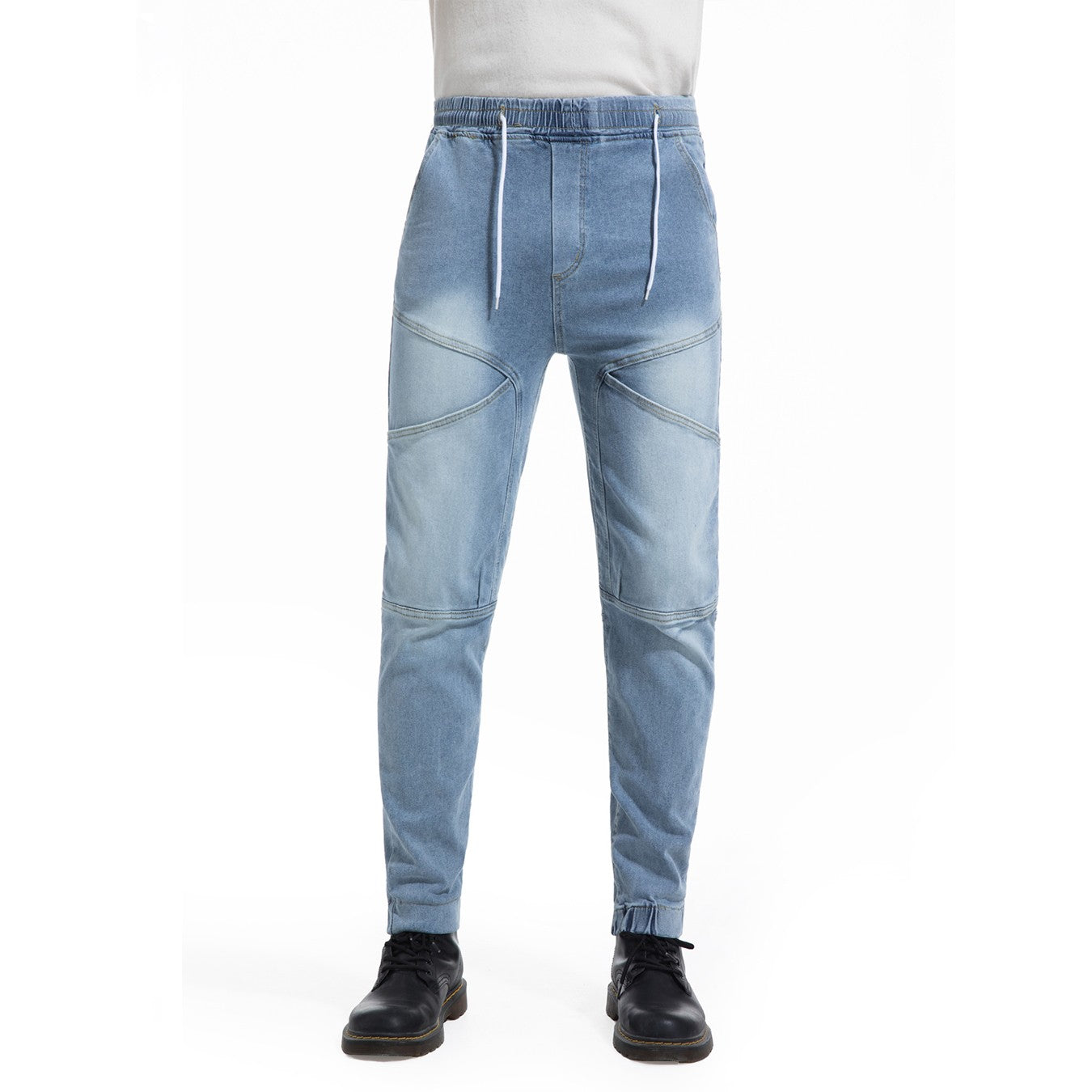 Calça jeans masculina, estilo casual, com elástico na cintura, cor lisa, adequada para todas as estações.