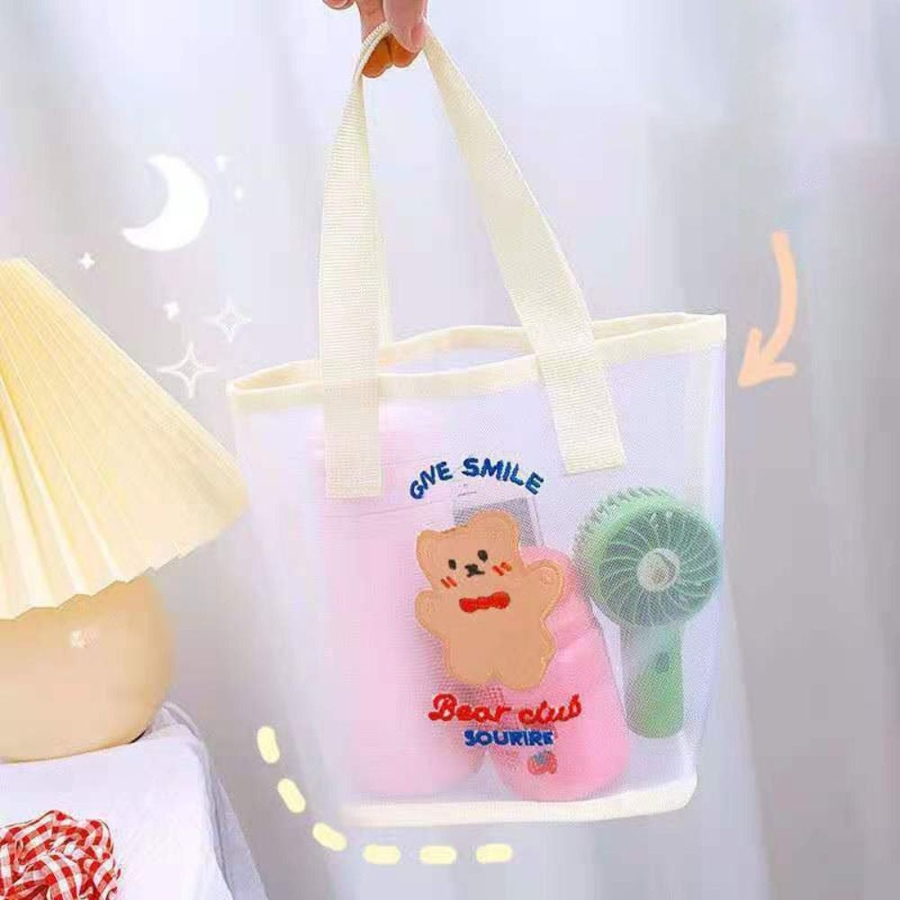 INS Cute Bear Cosmetic Bag Women Fashion Handbag Transparent Mesh Makeup Case Summer Convenient Swimming Outdoor Beach Bag