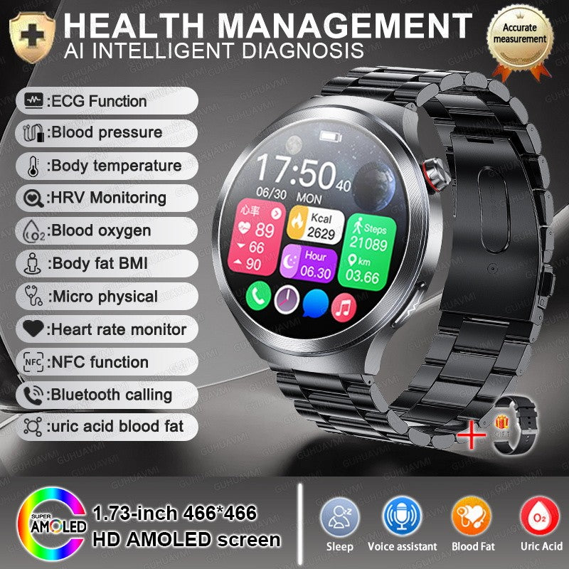 Relógio Inteligente Smartwatch Masculino 2026 Health Tracker com Safira e Medição de Ácido Úrico, Gordura Sanguínea, Pressão Arterial e ECG+PPG com Análise Corporal