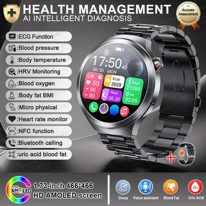 Relógio Inteligente Smartwatch Masculino 2026 Health Tracker com Safira e Medição de Ácido Úrico, Gordura Sanguínea, Pressão Arterial e ECG+PPG com Análise Corporal
