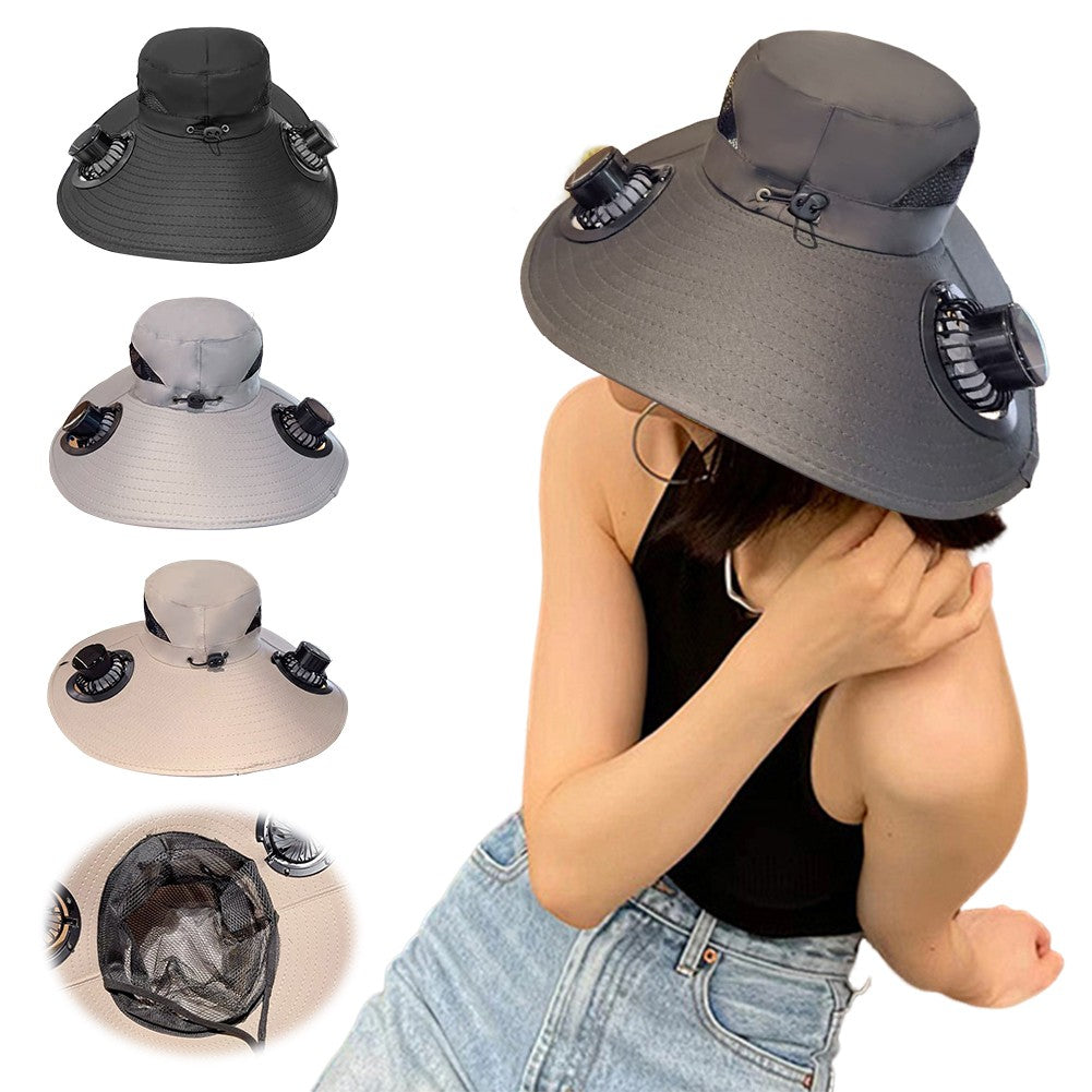 Wide Brim Solar Fan Hat Sun Bucket Hat UV Protection Fishing Hat with 2 Removable Fan Sun Visor Hat for Men Women Fishing