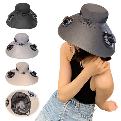 Wide Brim Solar Fan Hat Sun Bucket Hat UV Protection Fishing Hat with 2 Removable Fan Sun Visor Hat for Men Women Fishing
