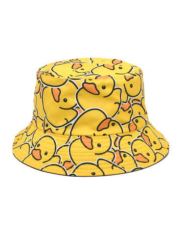 Fashionable Full-Print Duck Casual Bucket Hat, Cartoon Print Pattern Hat, Reversible Foldable Lightweight Design Flat-Top Hat, Unisex Casual Sun Hat, Suitable for Beach Vacations and Outdoor Leisure Activities