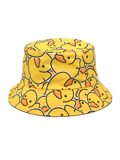 Fashionable Full-Print Duck Casual Bucket Hat, Cartoon Print Pattern Hat, Reversible Foldable Lightweight Design Flat-Top Hat, Unisex Casual Sun Hat, Suitable for Beach Vacations and Outdoor Leisure Activities