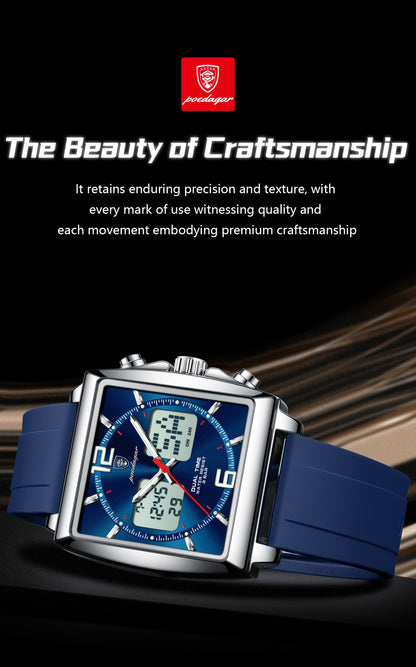 POEDAGAR Luxury Top Man Watch Electronic Square LED Alarm Chronograph Men's Watches Week Date Dual Time Display Men Quartz Clock