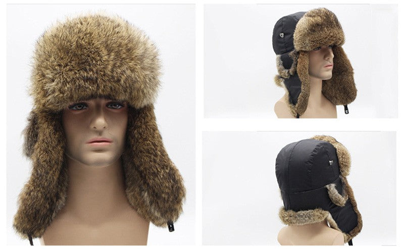 New Russia Winter Real fur Hat Men Outdoor Windproof Super Warm Real Rabbit Fur Bomber Hats Natural Soft Natural Rabbit Fur Caps