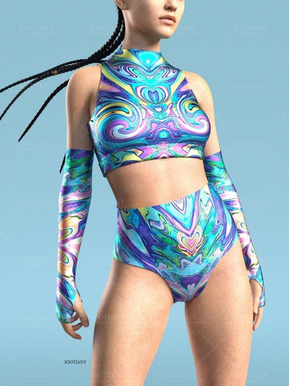 Adult Summer Role Play Bodysuit Women Sexy Hollow Sleeveless Blue Graffiti Art Swimsuit Carnival Party Stage Performance Clothes