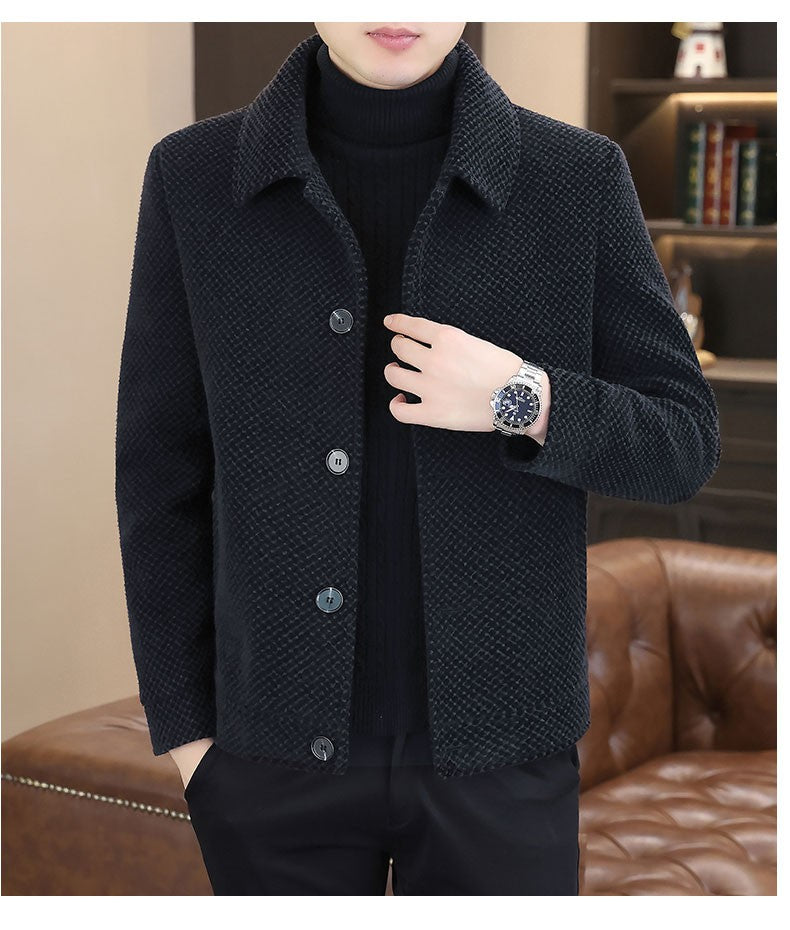Korean Winter Woolen Jacket Men Plush and Warm Short Trench Coat Plaid Casual Business Streetwear Overcoat Social Men Clothing