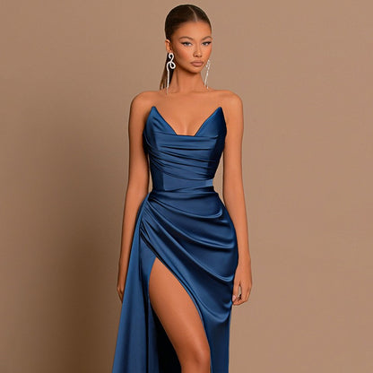 Autumn new European and American fashion temperament sexy slim deep V-waist satin slit dress female