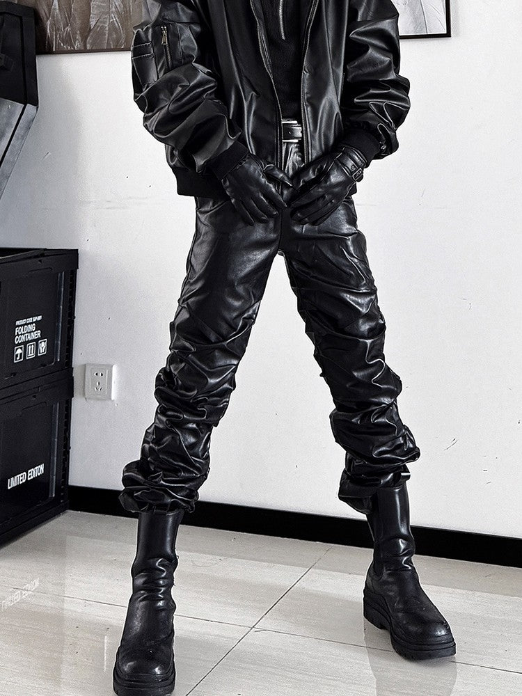 Mauroicardi Spring Autumn Cool Long Ruched Soft Black Pu Leather Stacked Pants for Men Luxury Designer Cyberpunk Rock Clothes