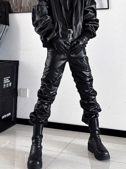 Mauroicardi Spring Autumn Cool Long Ruched Soft Black Pu Leather Stacked Pants for Men Luxury Designer Cyberpunk Rock Clothes