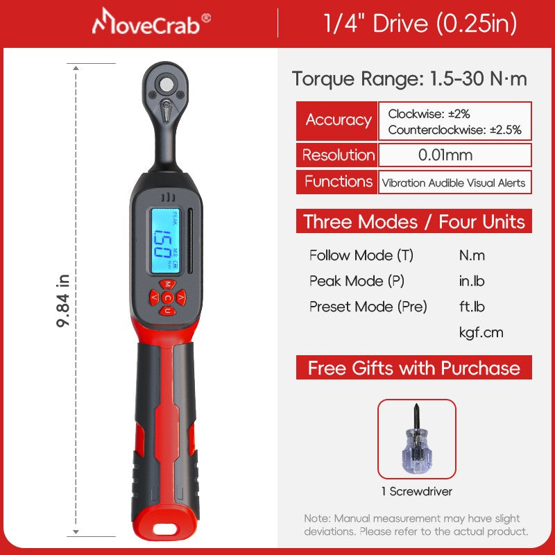 Chave de Torque Digital MoveCrab 0.6-340Nm ±2% Alta Precisão Catraca Bidirecional Alarme Sonoro e LED para Medição de Precisão