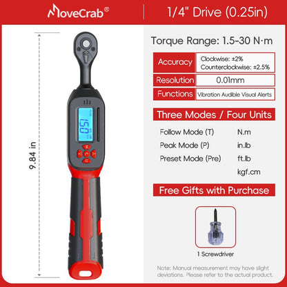 Chave de Torque Digital MoveCrab 0.6-340Nm ±2% Alta Precisão Catraca Bidirecional Alarme Sonoro e LED para Medição de Precisão