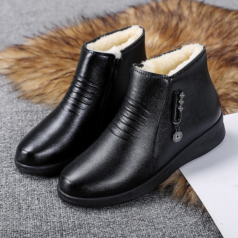 Leather Boots 2024 New Winter Middle-aged Flat Bottom Shoes for Women Soft Bottom Non-slip Wool Warm Cotton Shoes Women Boots