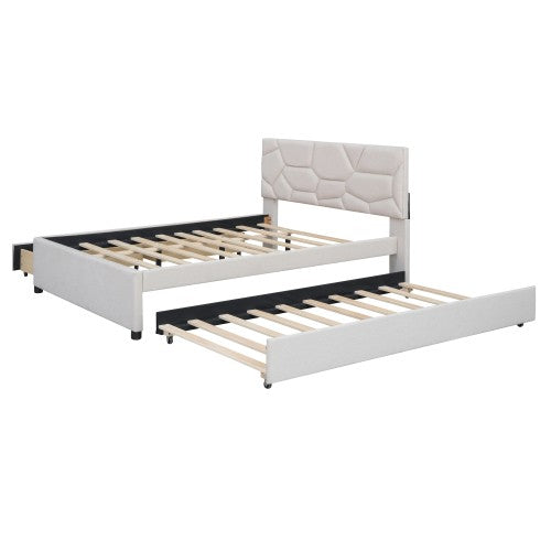 Full Size Upholstered Platform Bed , with Twin Size Trundle and 2 Drawers, Linen Fabric, Beige