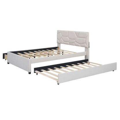 Full Size Upholstered Platform Bed , with Twin Size Trundle and 2 Drawers, Linen Fabric, Beige